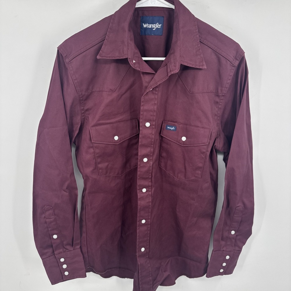 Vintage Wrangler Brushpopper Pearl Snap Western Shirt Maroon Medium Thick Cotton - Picture 2 of 10